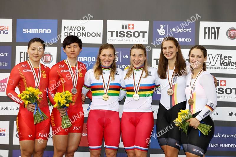 2 March 2016 Track World Championships (London, UK) Women Team Sprint 1st : RUSSIA SHMELEVA Daria  VOINOVA Anastasiia 2nd : CHINA GONG Jinjie ZHONG Tianshi 3rd : GERMANY WELTE Miriam VOGEL Kristina Photo : Yuzuru SUNADA