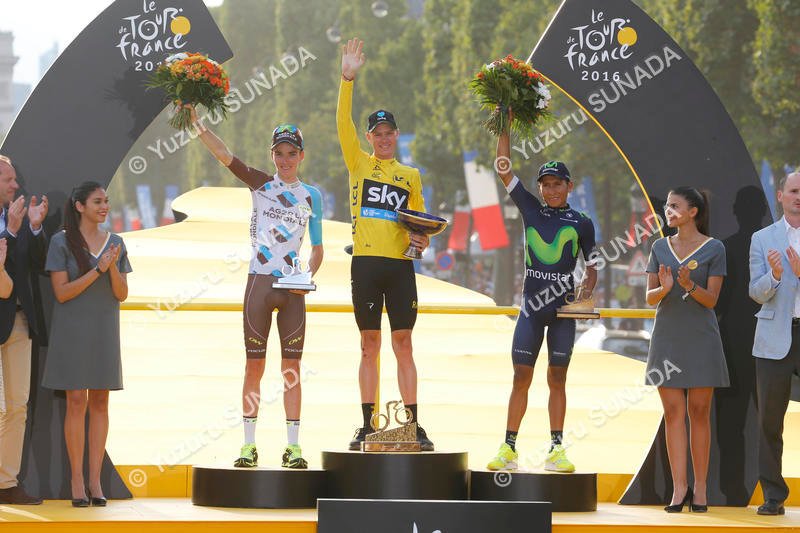 24 July 2016 103rd Tour de France Stage 21 : Chantilly - Paris Champs-elysees Final Podium 1st : FROOME Christopher (GBR) Sky, Maillot Jaune 2nd : BARDET Romain (FRA) ag2r - La Mondiale 3rd : QUINTANA Nairo Alexander (COL) Movistar Photo : Yuzuru SUNADA