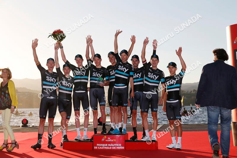 20 August 2016 71st Vuelta a Espana Stage 01 : Ourense - Castrelo de Mino TTT 1st : Sky FROOME Christopher (GBR) BOSWELL Ian (USA) Sky GOLAS Michal (POL) KENNAUGH Peter (GBR) KNEES Christian (GER) KONIG Leopold (CZE) KWIATKOWSKI Michal (POL) LOPEZ David (ESP) PUCCIO Salvatore (ITA) Photo : Yuzuru SUNADA